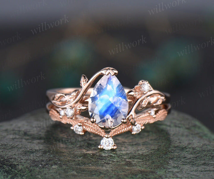 Pear shaped natural moonstone ring rose gold leaf nature inspired unique engagement ring women art deco promise wedding bridal ring set gift