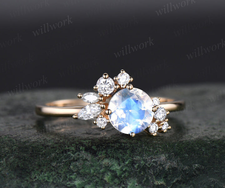 Vintage round moonstone engagement ring art deco dainty snowdrift cluster diamond ring solid 14k yellow gold anniversary bridal ring women