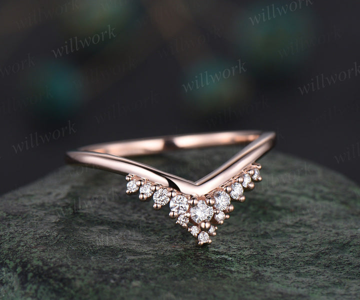 Curved snowdrift diamond wedding band solid 14k rose gold Minimalist moissanite wedding ring band stacking bridal anniversary ring women