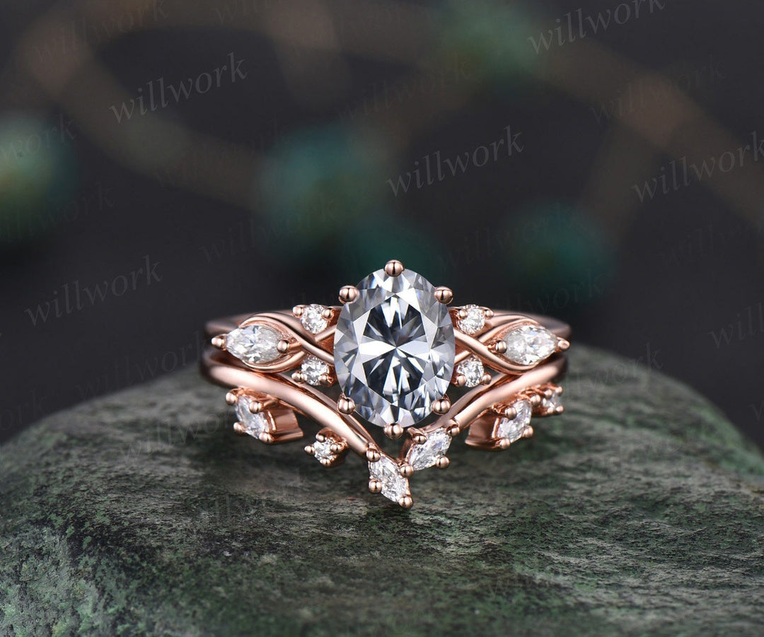 Vintage oval cut gray moissanite engagement ring set 14k rose gold marquise cut diamond ring women unique promise  bridal wedding ring set