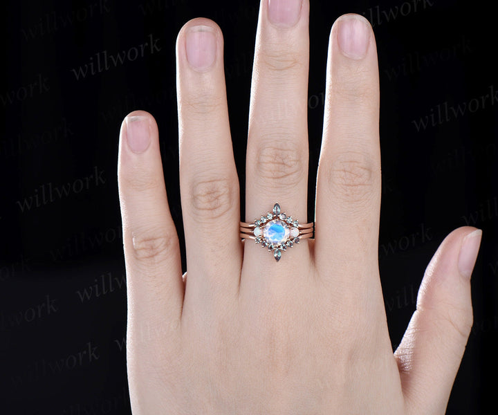 Natural round moonstone ring rose gold three stone opal ring women alexandrite ring vintage unique engagement ring stacking bridal set gift
