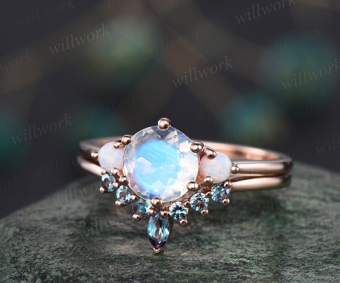 Natural round moonstone ring rose gold three stone opal ring women alexandrite ring vintage unique engagement ring stacking bridal set gift