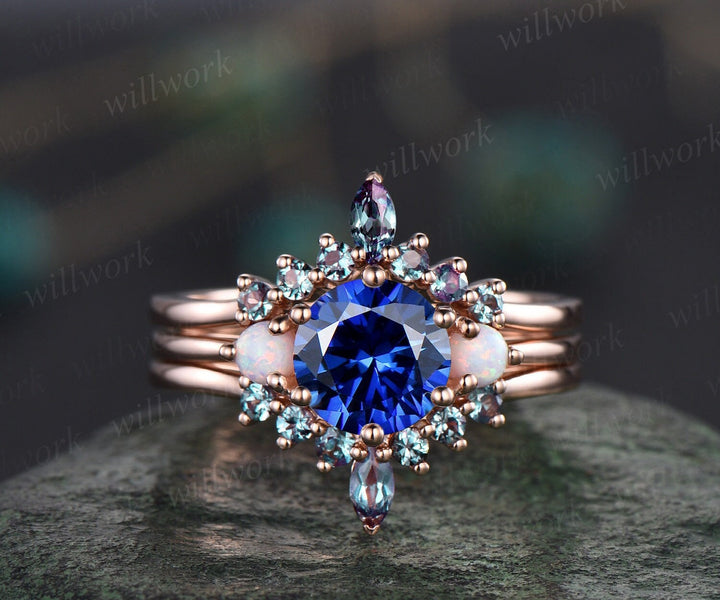Vintage blue sapphire engagement ring set rose gold three stone opal ring women alexandrite bridal wedding ring set gemstone ring gift