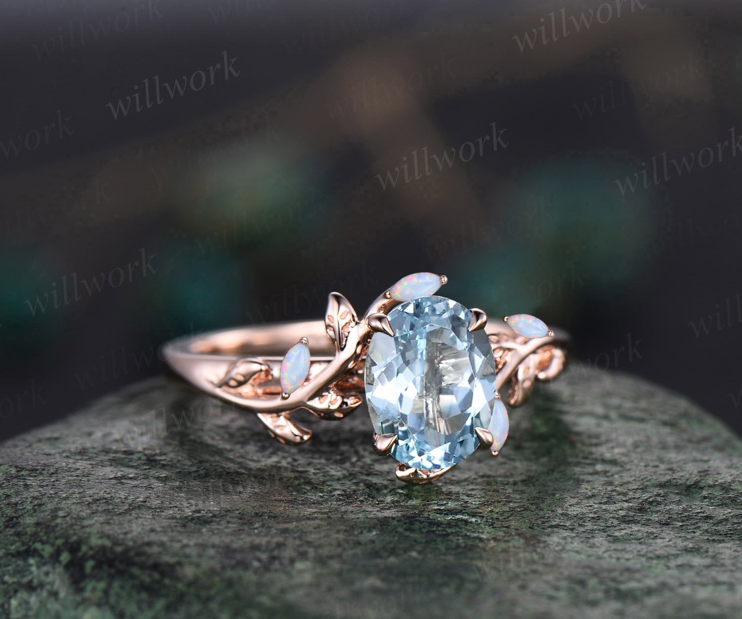 Oval aquamarine ring vintage leaf marquise opal ring women five stone  unique nature inspired engagement ring twig wedding ring fine jewelry