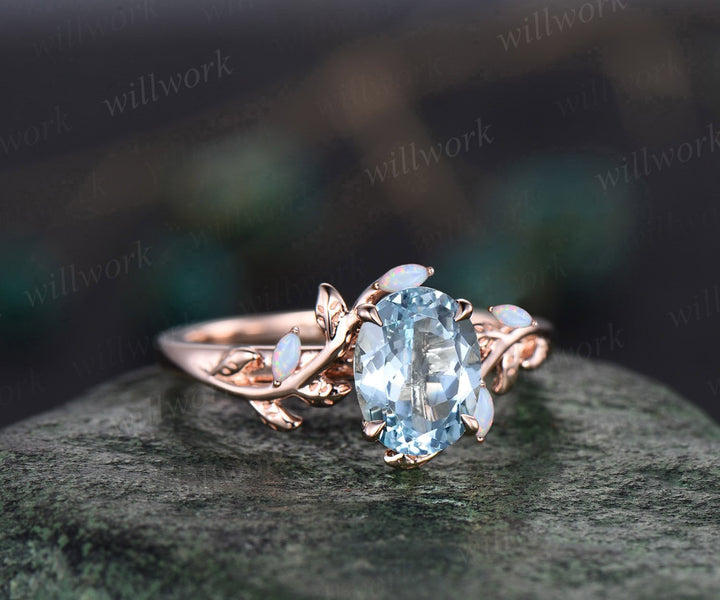 Oval aquamarine ring vintage leaf marquise opal ring women five stone unique nature inspired engagement ring twig wedding ring fine jewelry