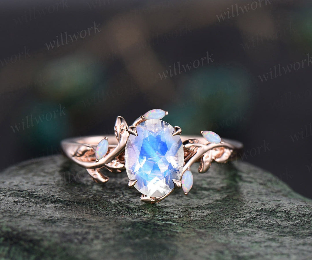 Oval Moonstone ring vintage leaf marquise opal ring women five stone u –  WILLWORK JEWELRY