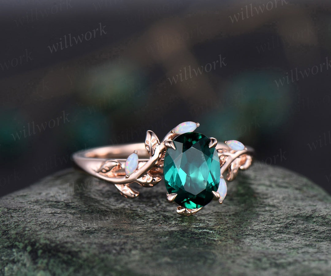 Oval emerald ring vintage leaf marquise opal ring women five stone unique nature inspired engagement ring twig wedding ring rose gold gift