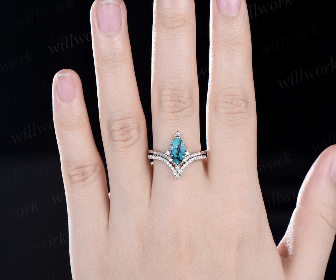 Marquise Turquoise ring Vintage white gold cluster diamond ring unique engagement ring stacking ring set 6 prong bridal set women jewelry