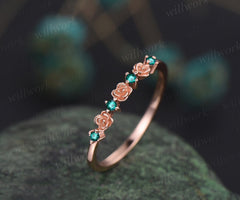 Dainty flower emerald wedding band solid 14k rose gold stacking unique vintage wedding ring band for women gemstone anniversary ring gift
