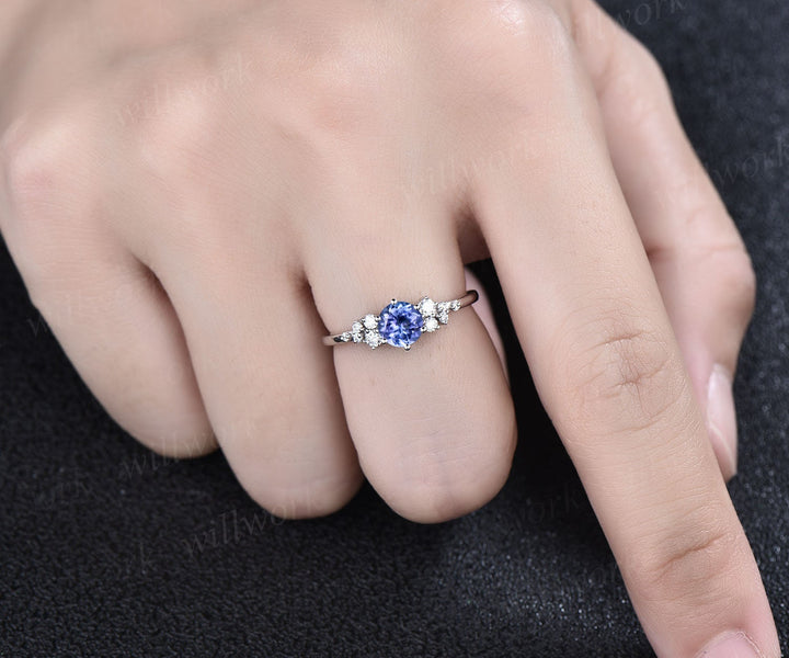 Round natural blue tanzanite ring vintage unique engagement ring 14k white gold 6 prong snowdrift diamond anniversary wedding ring for women