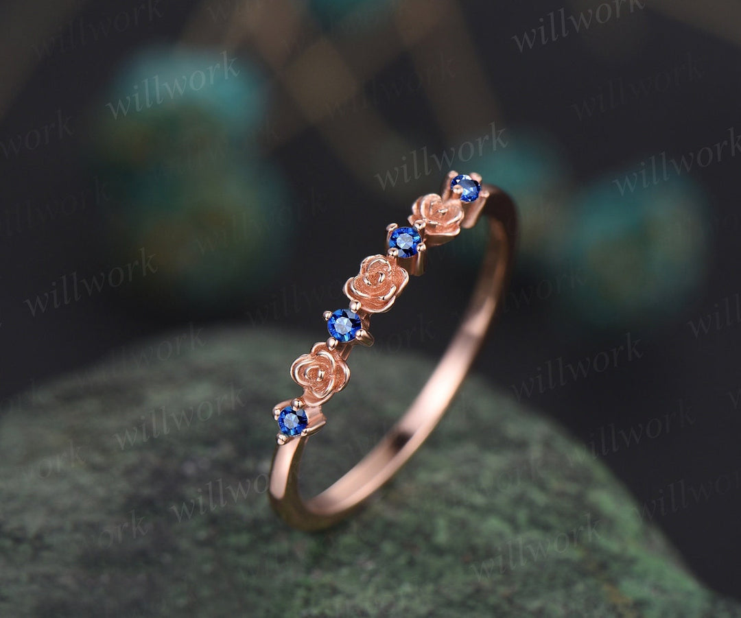 Dainty flower natural sapphire wedding band solid 14k rose gold stacking unique vintage wedding ring band for women anniversary ring gift