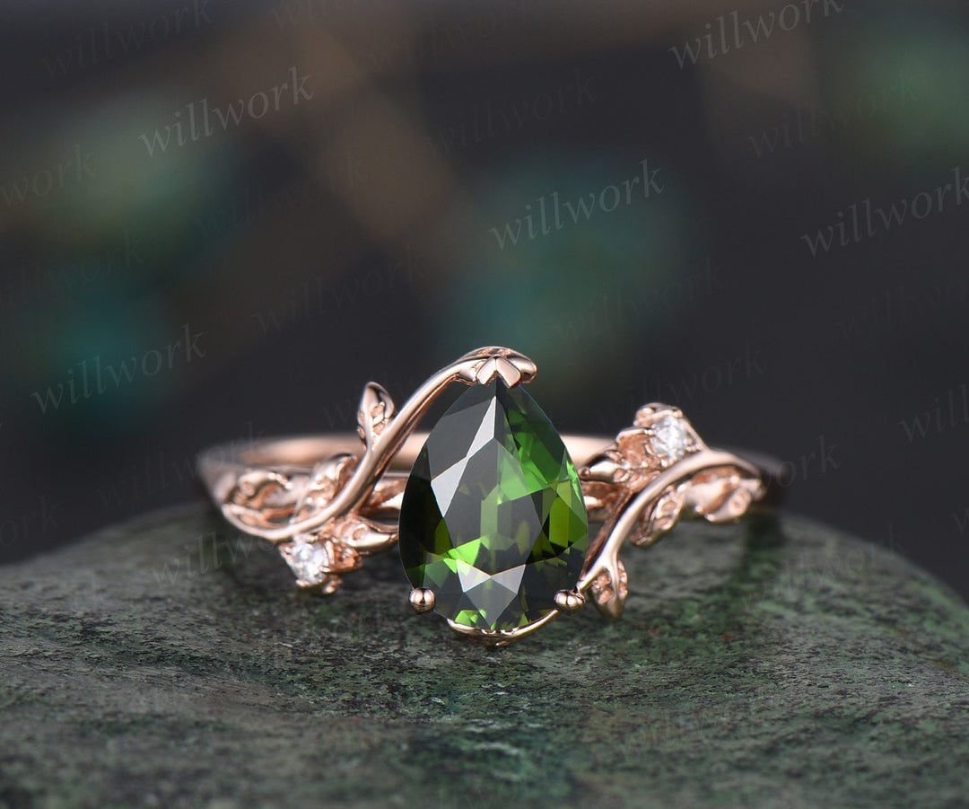 Pear shaped natural green Tourmaline ring rose gold leaf nature inspired unique engagement ring women art deco wedding bridal ring set gift