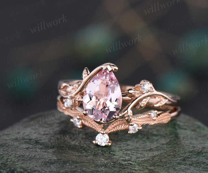 Pear shaped natural Pink morganite ring rose gold leaf nature inspired unique engagement ring women art deco promise wedding bridal ring set
