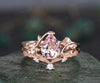 Pear shaped natural Pink morganite ring rose gold leaf nature inspired unique engagement ring women art deco promise wedding bridal ring set