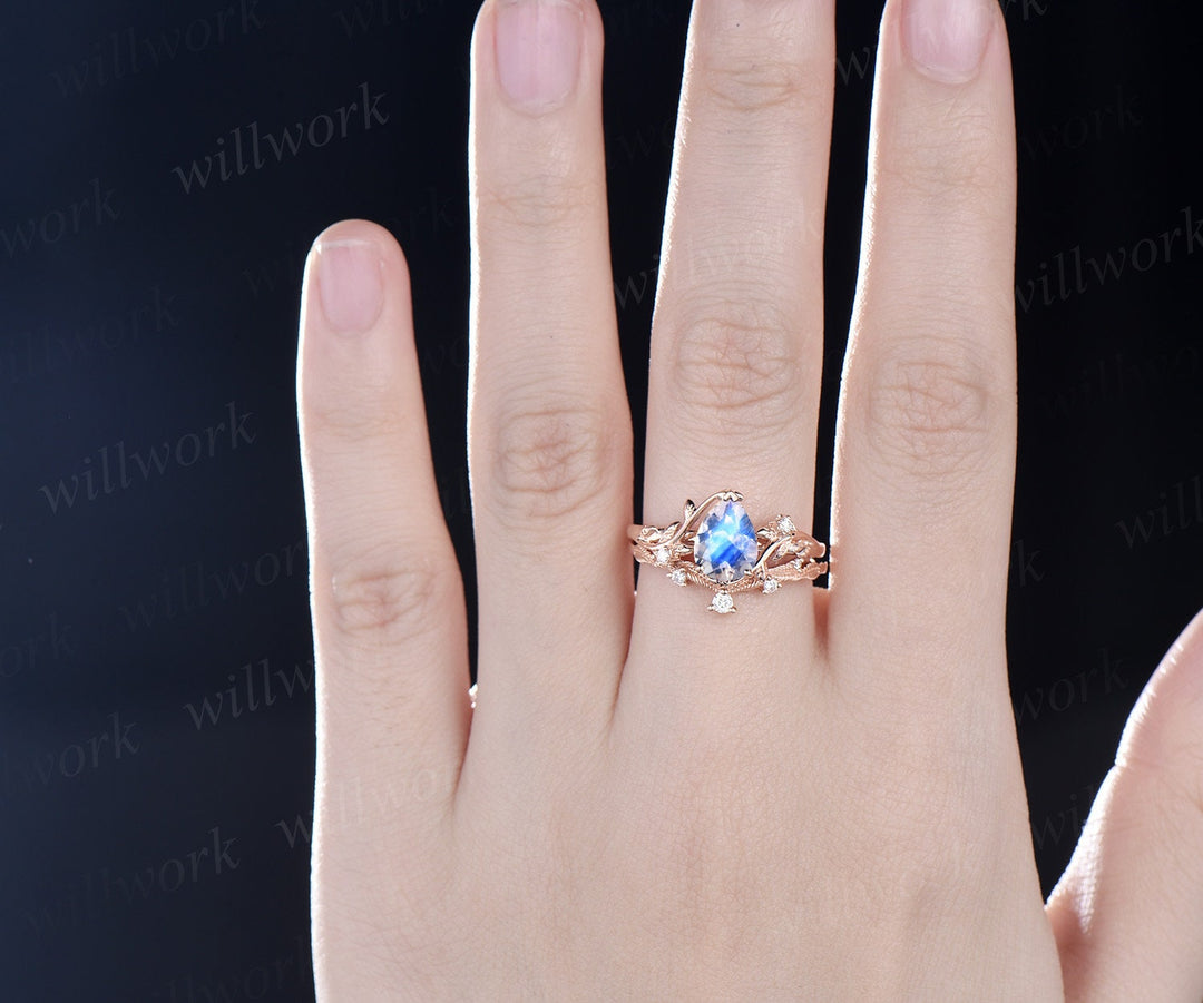 Pear shaped natural moonstone ring rose gold leaf nature inspired unique engagement ring women art deco promise wedding bridal ring set gift