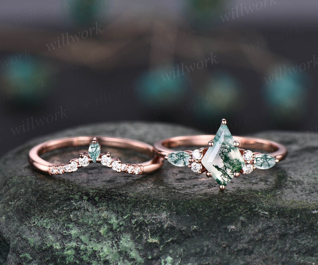 Kite cut green moss agate ring rose gold 6 prong art deco unique engagement ring women dainty diamond ring Personalized anniversary gift