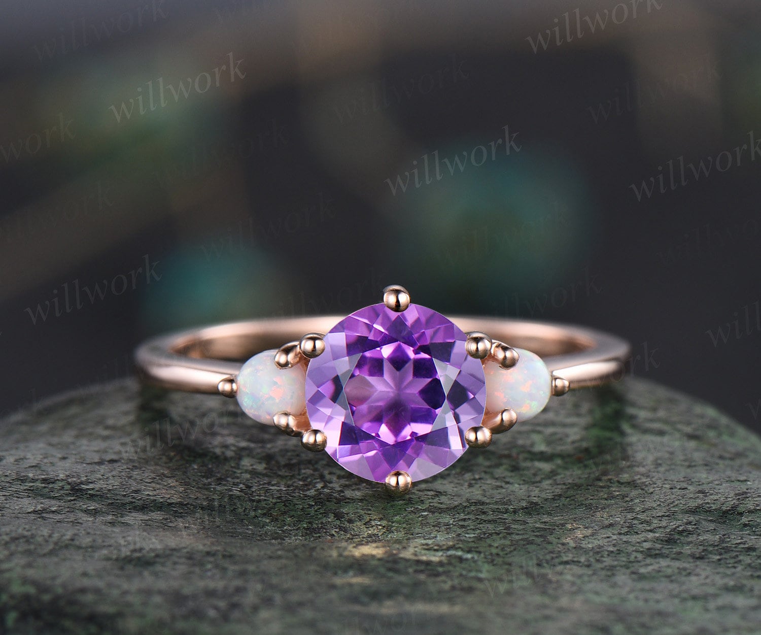 Vintage purple amethyst engagement ring set rose gold three stone