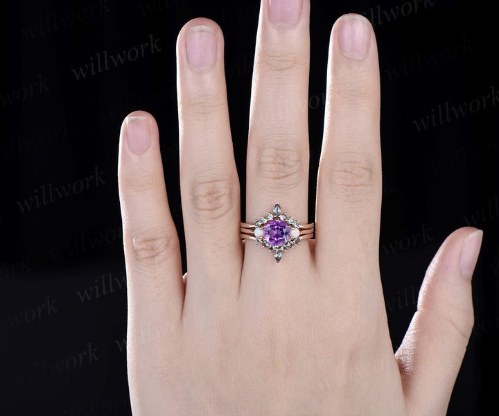 Vintage purple amethyst engagement ring set rose gold three stone opal ring women alexandrite wedding ring set gemstone crystal ring gift