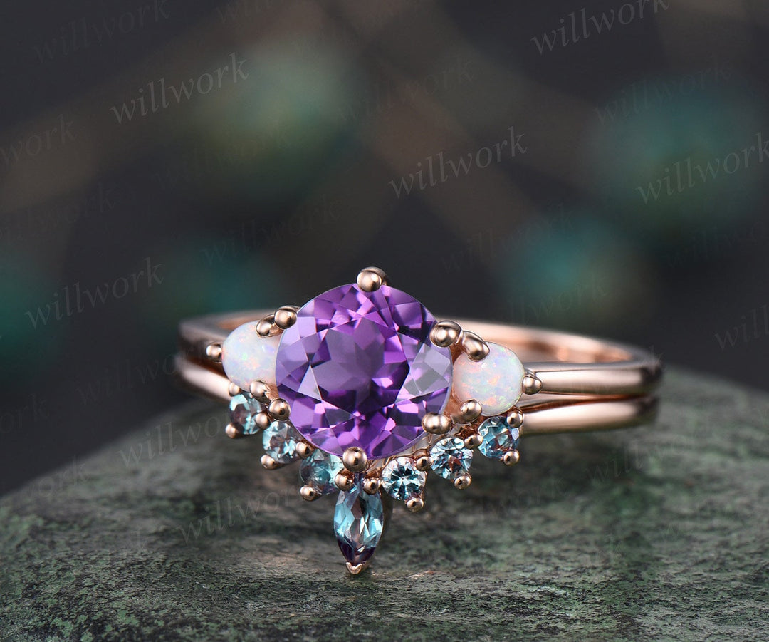 Vintage purple amethyst engagement ring set rose gold three stone opal ring women alexandrite wedding ring set gemstone crystal ring gift