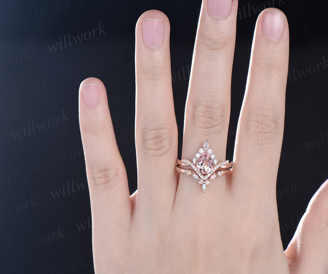 Pear pink morganite ring rose gold Twisted halo moissanite ring art deco opal ring women unique engagement ring bridal set fine jewelry