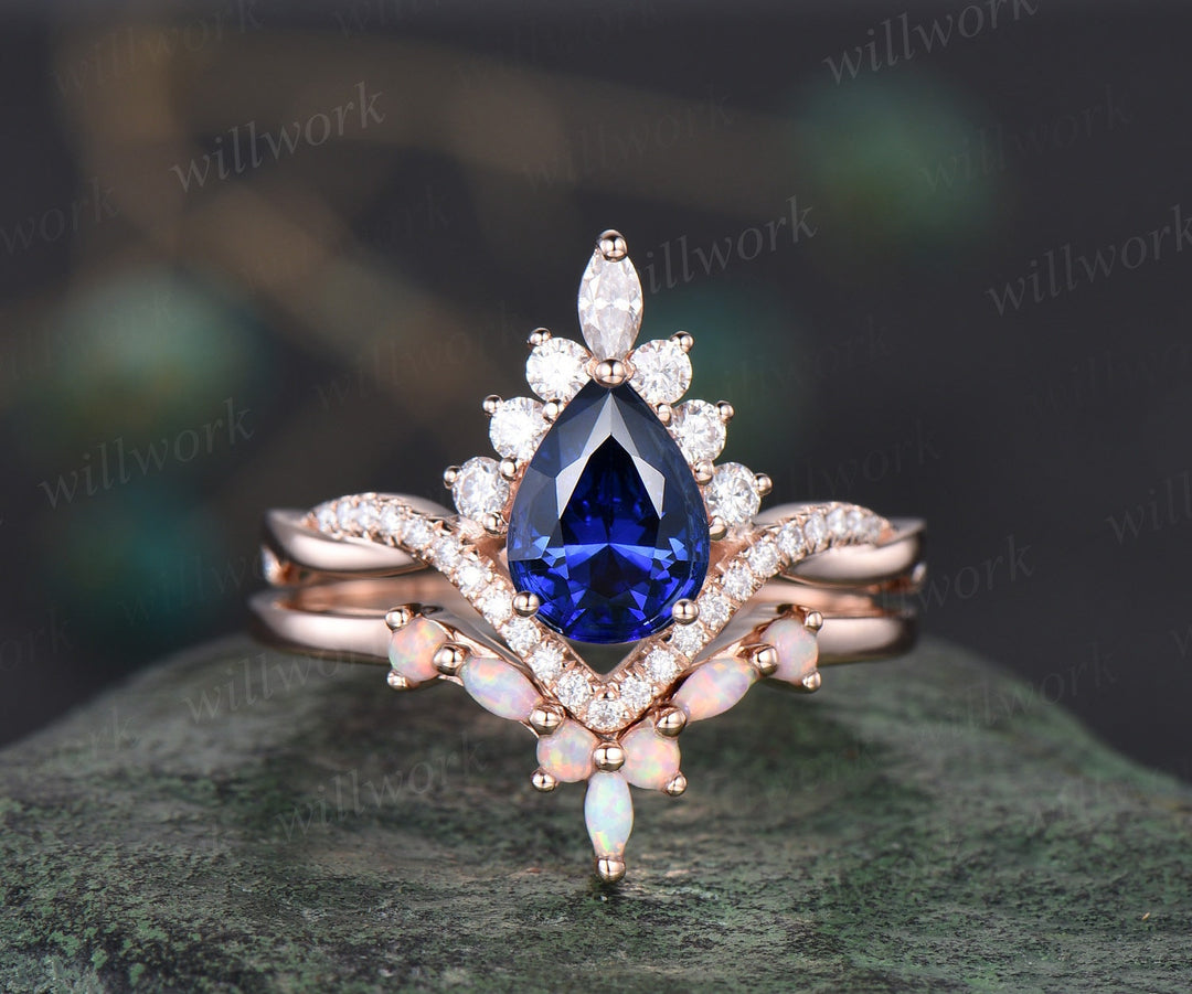 Pear blue sapphire ring rose gold Twisted halo moissanite ring art deco opal ring women unique engagement ring vintage marquise bridal set