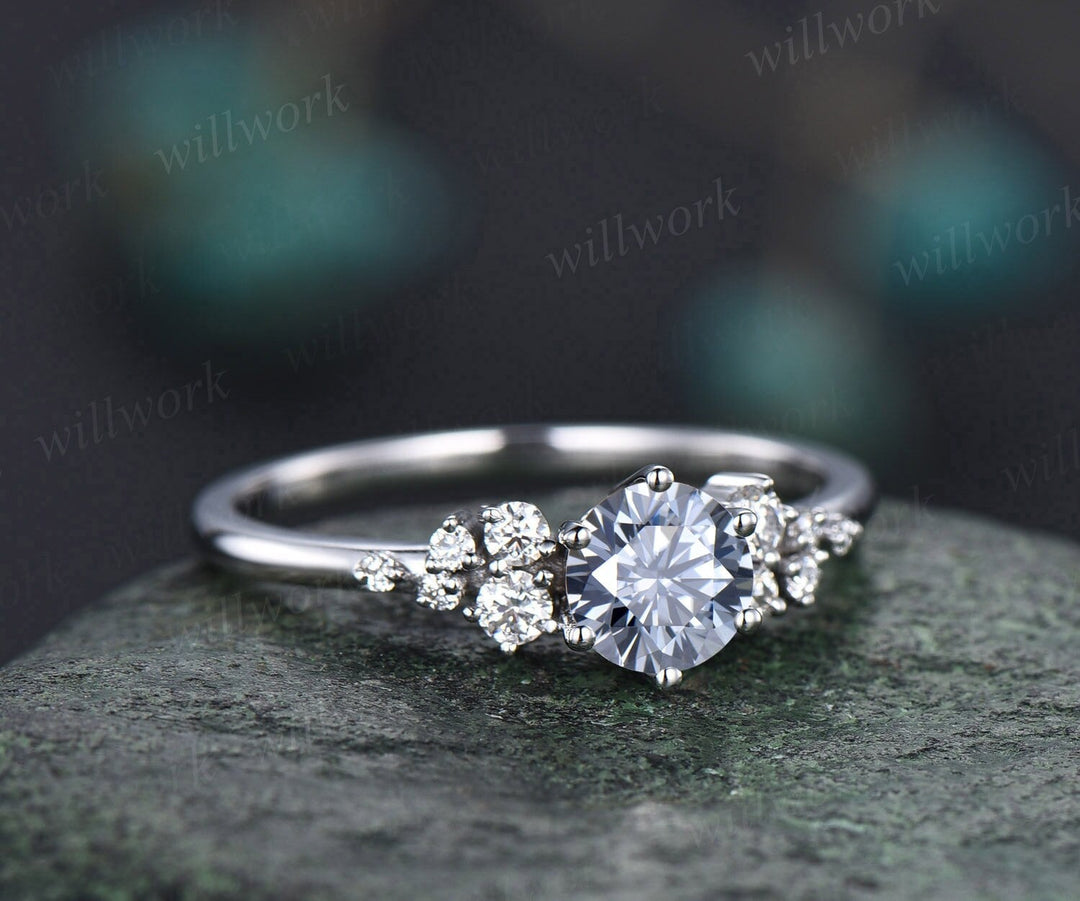 Vintage round gray moissanite engagement ring white gold unique snowdrift 6 prong engagement ring dainty diamond wedding ring for women gift
