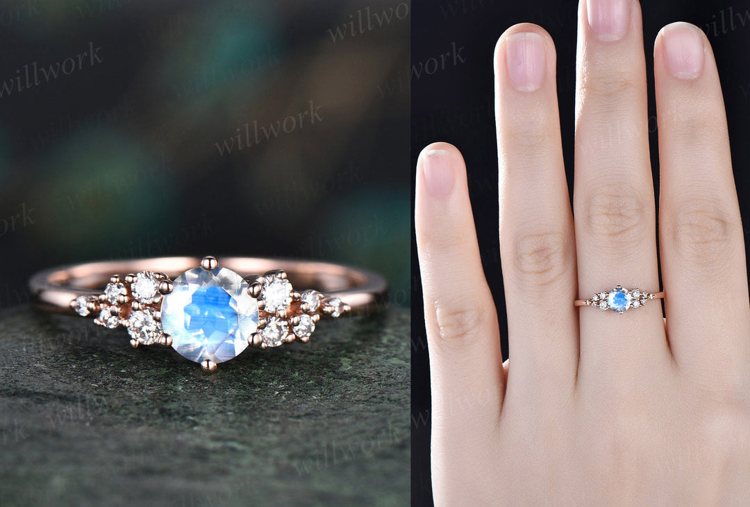 Vintage round moonstone engagement ring 14k white gold unique snowdrift 6 prong engagement ring dainty diamond wedding ring for women gift