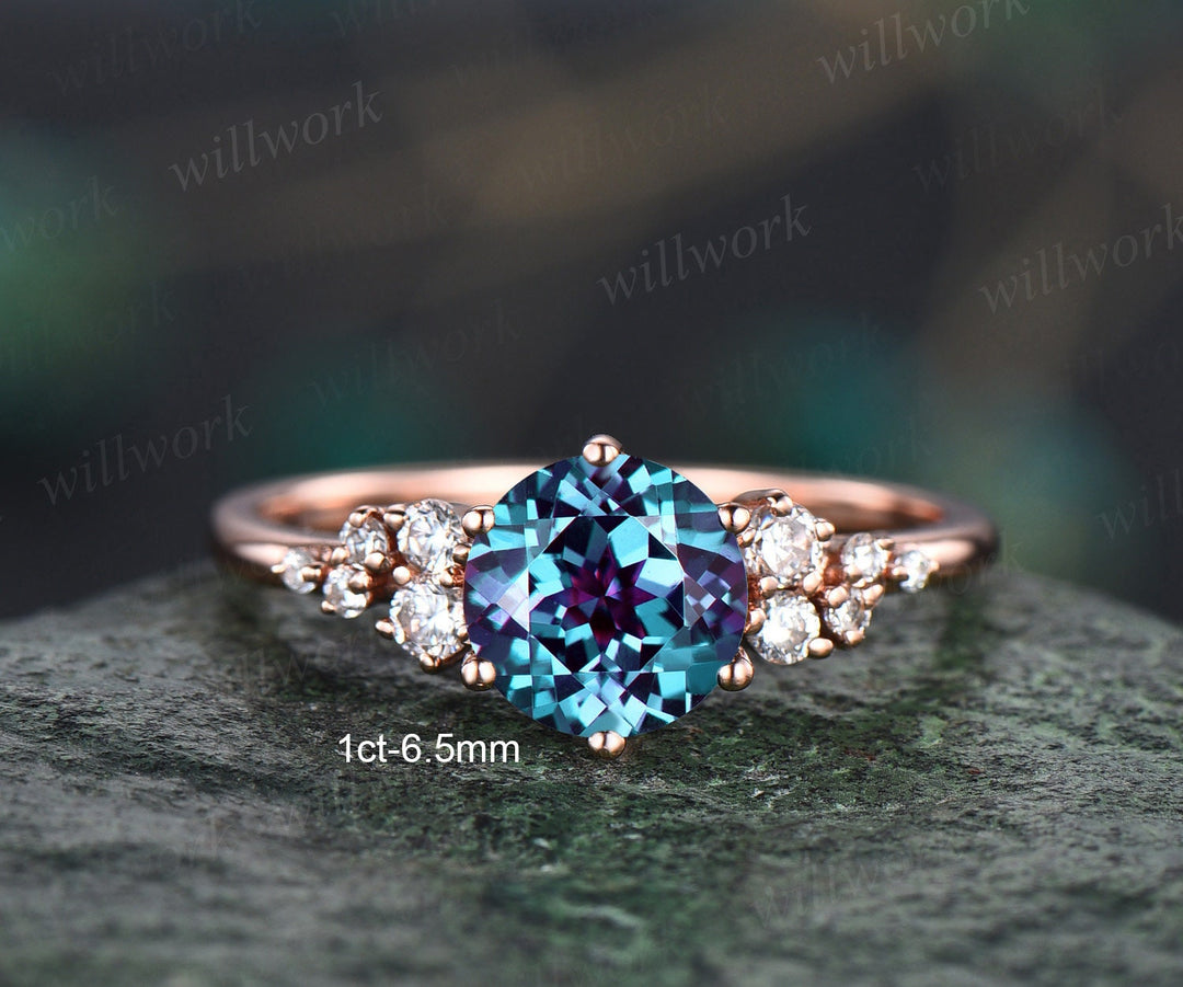 Vintage round alexandrite engagement ring white gold unique snowdrift 6 prong engagement ring dainty diamond wedding ring for women gift