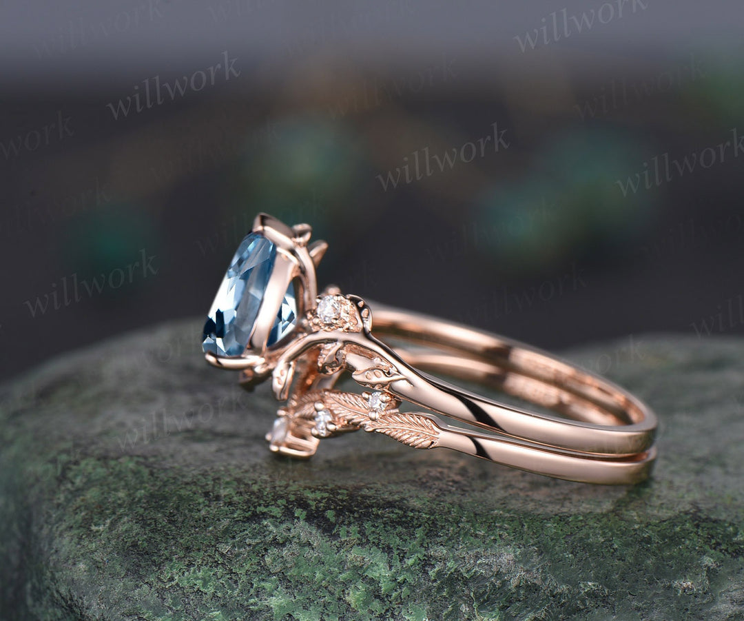 Pear shaped natural aquamarine ring rose gold leaf nature inspired unique engagement ring women antique promise wedding bridal ring set gift