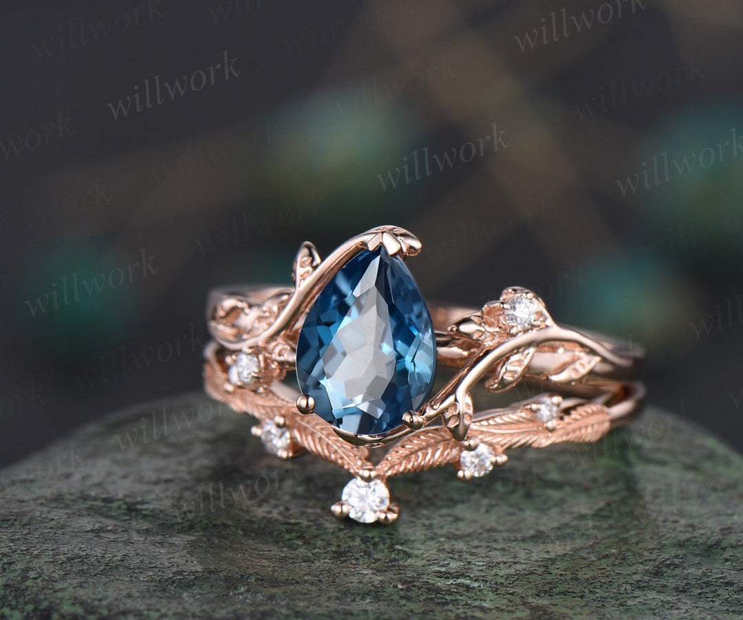Vintage pear shaped London blue topaz engagement ring rose gold leaf nature inspired diamond bridal set women unique wedding ring gemstone