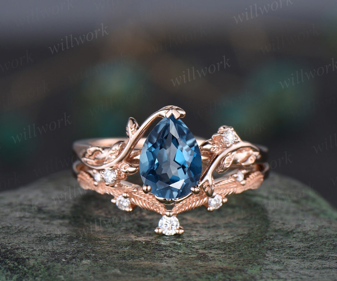 Vintage pear shaped London blue topaz engagement ring rose gold leaf nature inspired diamond bridal set women unique wedding ring gemstone