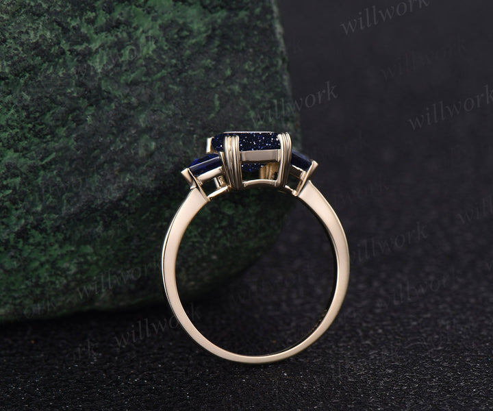 Vintage emerald cut blue sandstone engagement ring 14k yellow gold three stone Trilliant cut sapphire ring women gemstone ring Fine jewelry