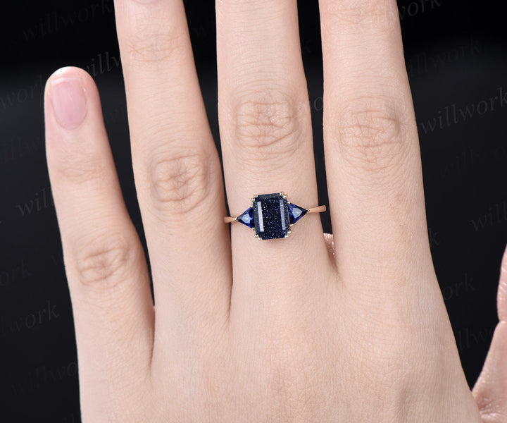 Vintage emerald cut blue sandstone engagement ring 14k yellow gold three stone Trilliant cut sapphire ring women gemstone ring Fine jewelry