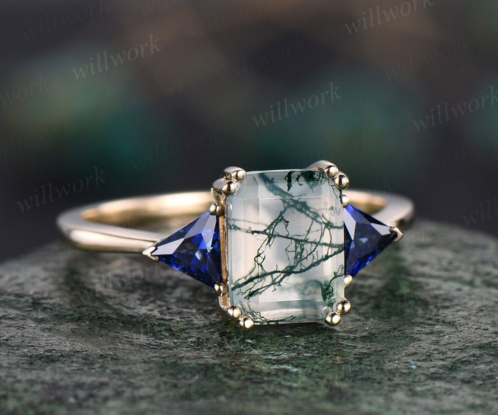 Emerald cut green moss agate ring 14k yellow gold Trilliant sapphire ring three stone unique engagement ring Minimalist wedding ring women