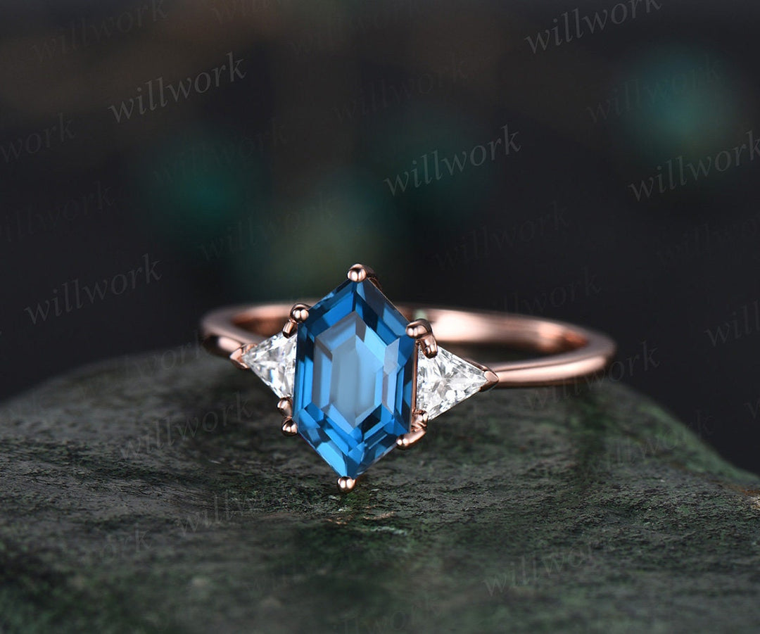 Long hexagon London blue topaz ring rose gold amethyst wedding ring Trilliant moissantie ring three stone engagement ring women crystal ring