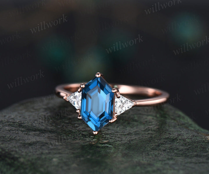 Long hexagon London blue topaz ring rose gold amethyst wedding ring Trilliant moissantie ring three stone engagement ring women crystal ring