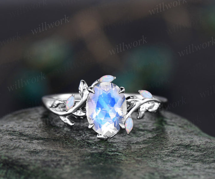 Oval Moonstone ring vintage leaf marquise opal ring women five stone unique nature inspired engagement ring twig wedding ring rose gold gift
