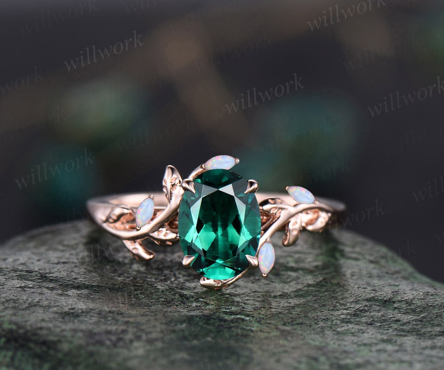 Oval emerald ring vintage leaf marquise opal ring women five stone uni ...