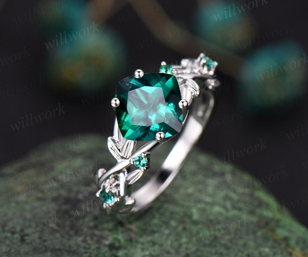 Twig cushion cut green emerald engagement ring 14k white gold five stone emerald ring vintage retro gemstone leaf wedding ring women gift