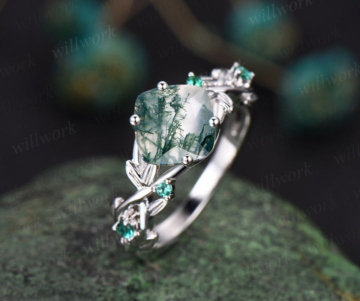 Twig cushion cut green moss agate engagement ring 14k rose gold five stone emerald ring vintage retro gemstone leaf wedding ring women gift