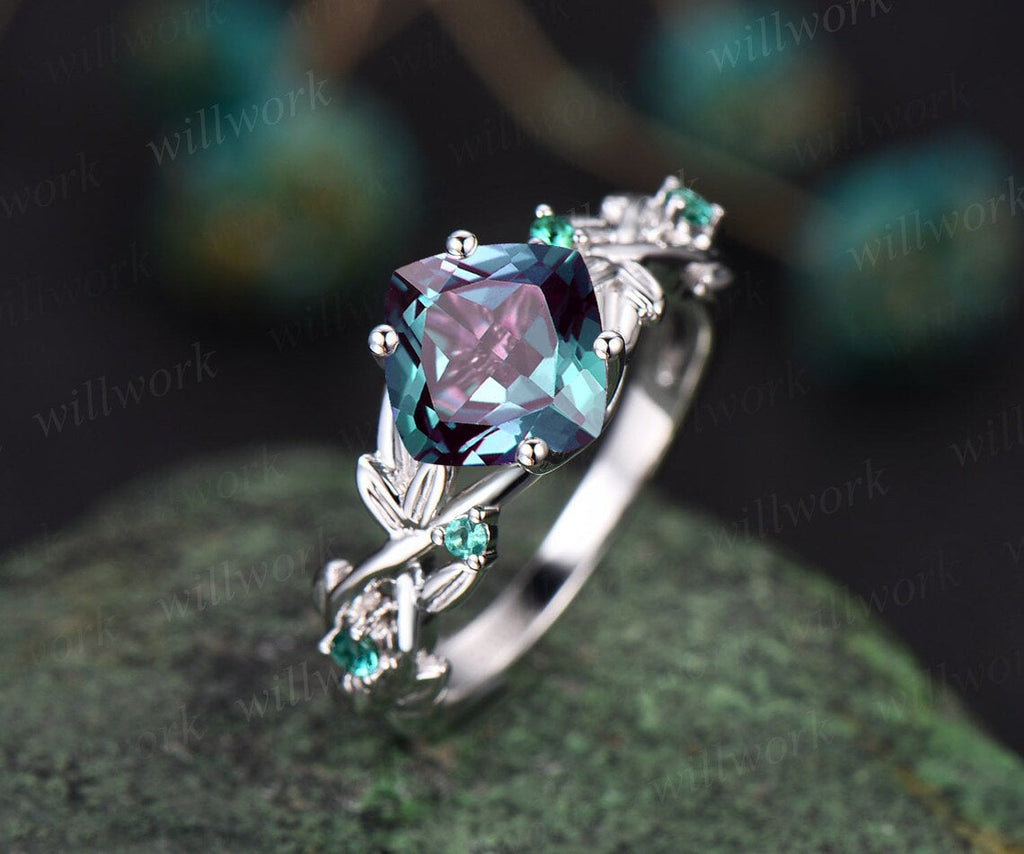 READY TO SHIP: Twig Cushion Cut Alexandrite Engagement Ring - 14k