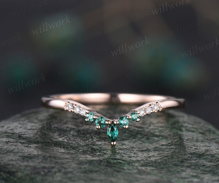 Curved marquise emerald wedding band 14k rose gold moissanite wedding ring band Statement stacking ring women May birthstone ring gift