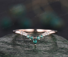 Curved marquise emerald wedding band 14k rose gold moissanite wedding ring band Statement stacking ring women May birthstone ring gift