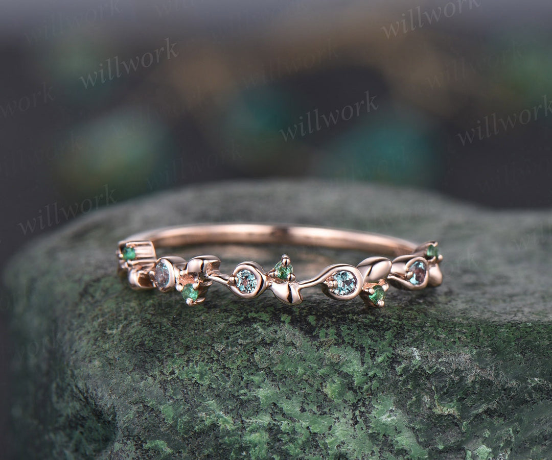 Hexagon black opal ring vintage white gold amethyst ring women twig leaf engagement ring gemstone alexandrite emerald wedding ring set band