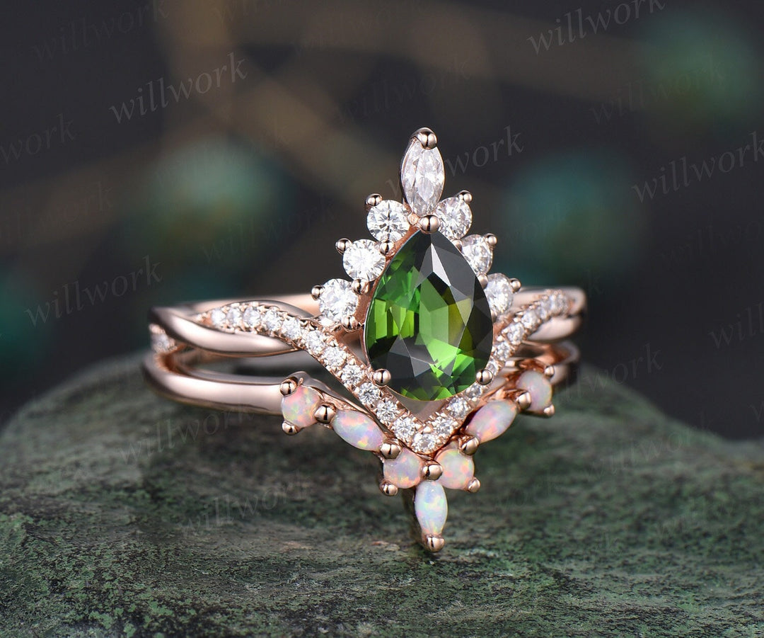 Pear green Tourmaline ring rose gold Twisted halo moissanite ring art deco opal ring women unique engagement ring antique bridal set gift