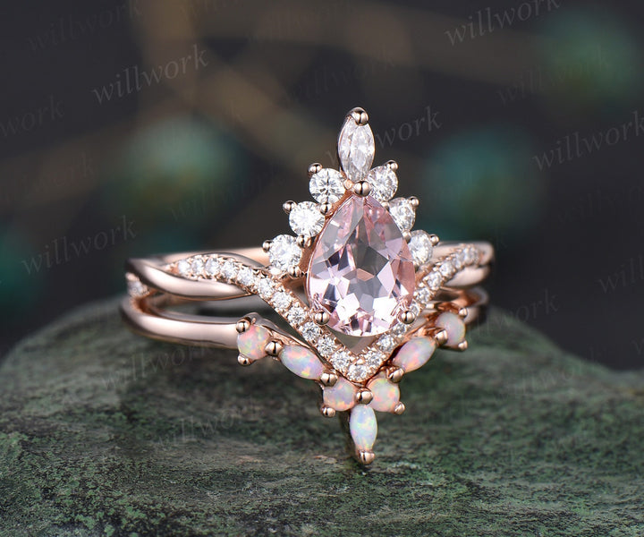 Pear pink morganite ring rose gold Twisted halo moissanite ring art deco opal ring women unique engagement ring bridal set fine jewelry