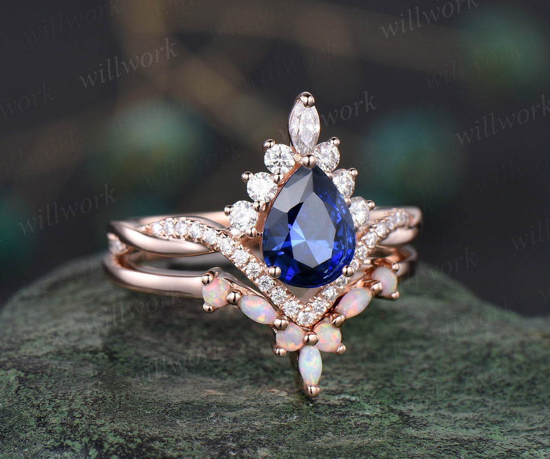 Pear blue sapphire ring rose gold Twisted halo moissanite ring art deco opal ring women unique engagement ring vintage marquise bridal set