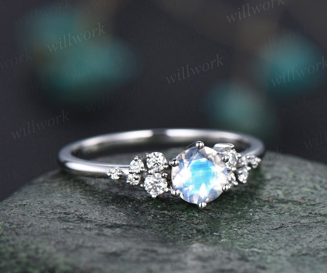 Vintage round moonstone engagement ring 14k white gold unique
