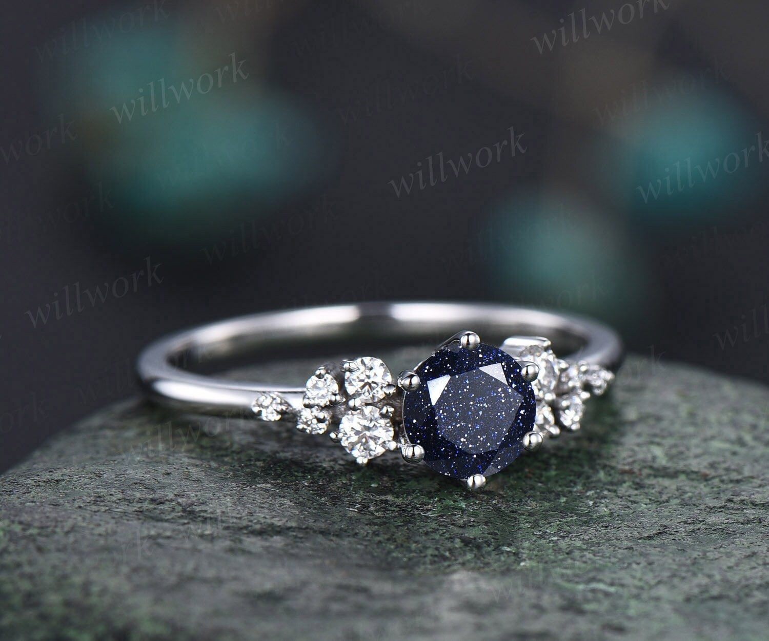 1ct Blue Moissanite Ring with white stones set cheapest in sterling silver