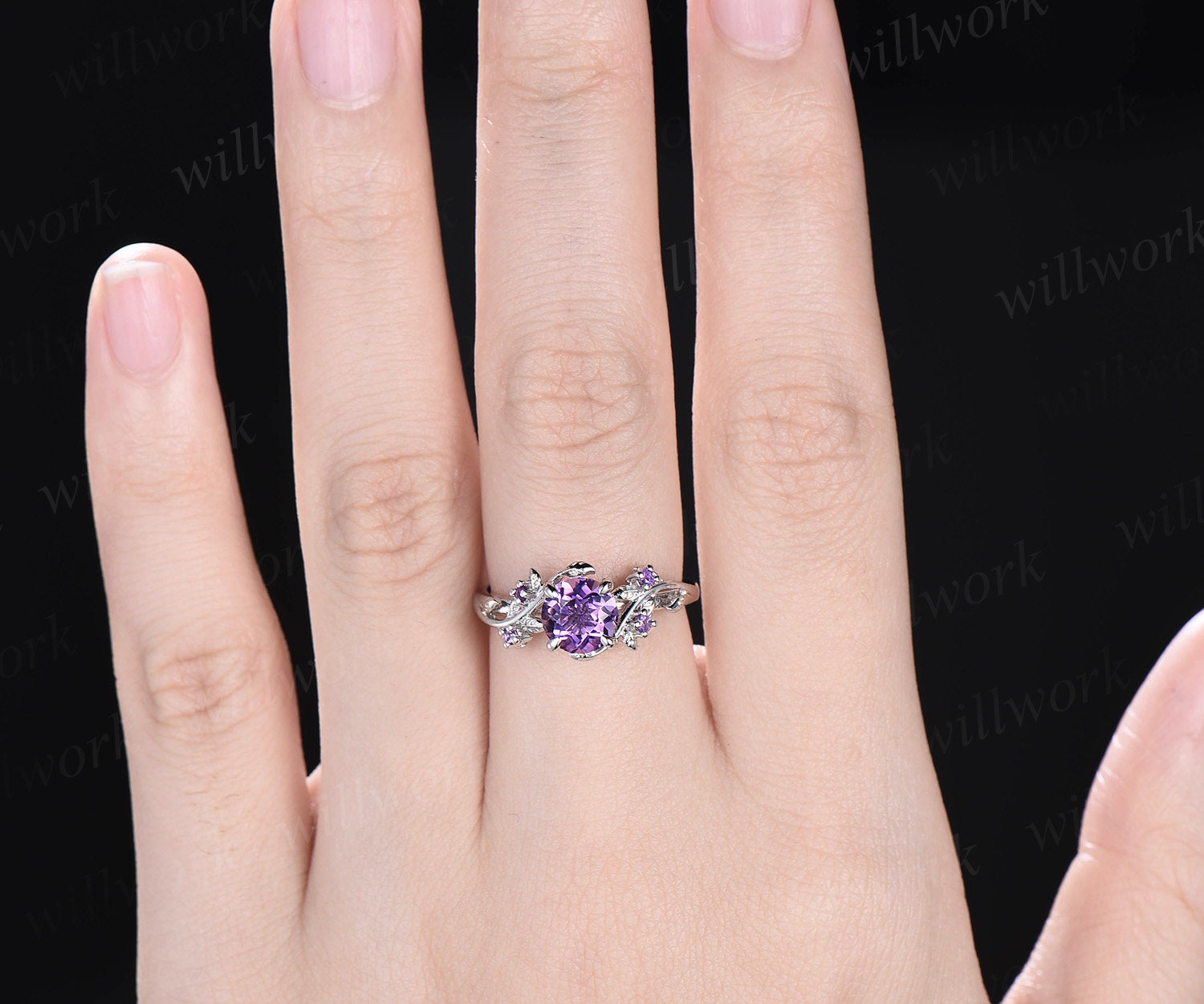 Vintage 1ct round purple amethyst engagement ring leaf 14k
